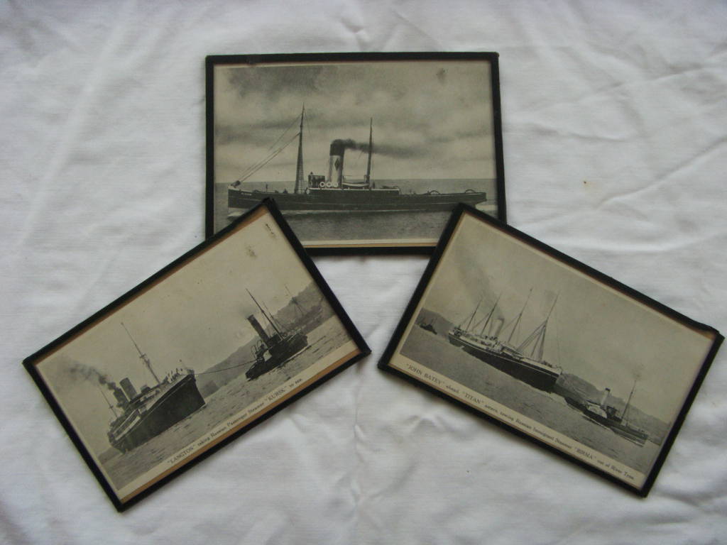 SET OF 3 VERY OLD GLASS MOUNTED SEPIA SHIPPING PICTURES